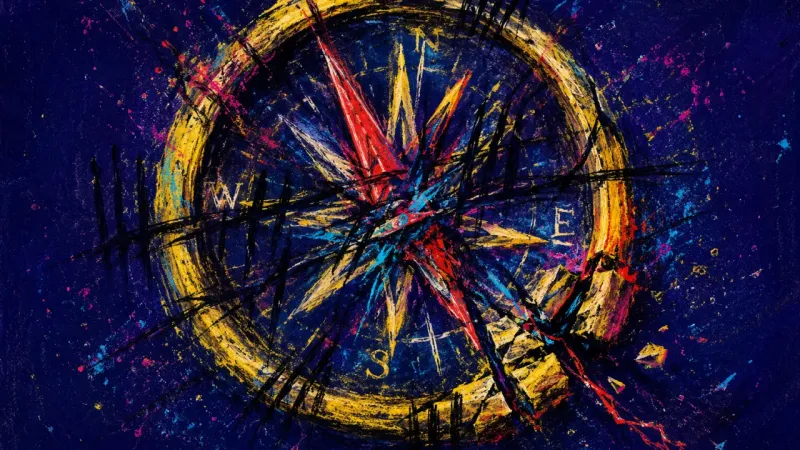 Needle Under Trial A distorted compass trapped in chaotic marks, representing screen time guilt, self-judgment, and opp