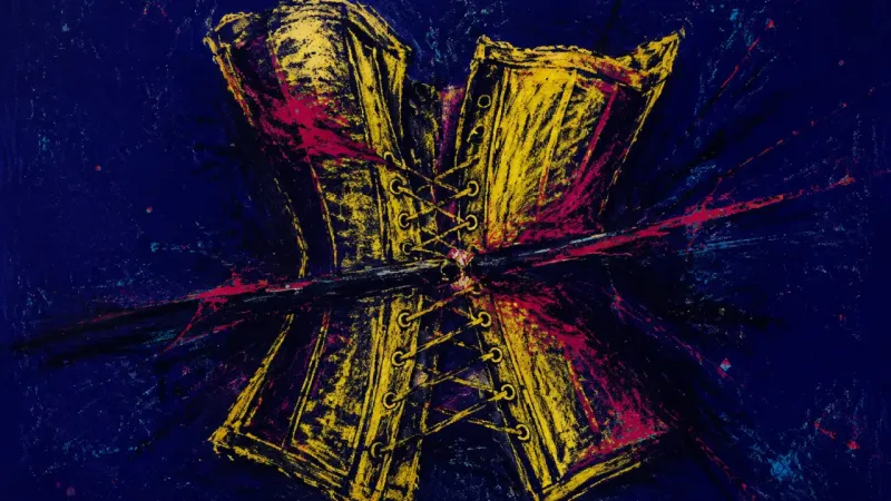 An abstract image of self-silencing after social hurt, with a constricted form pulled tight by
