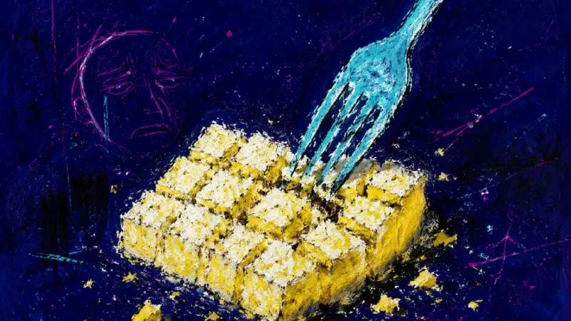 A fork repeatedly cutting one bite into tiny pieces, symbolizing the self-silencing freeze of an un­