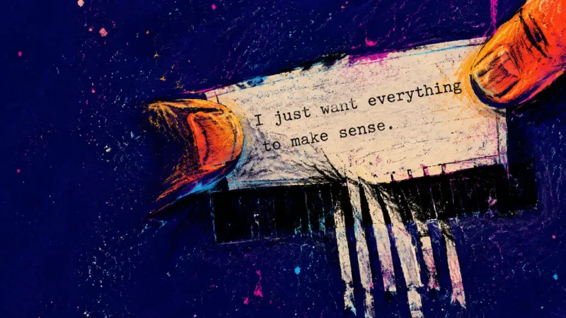 A typed note being fed into a shredder by tense fingertips, symbolizing the habit of deleting ideas