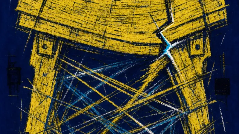 An abstract workbench warped and bound by chaotic marks, representing workplace self-censorship and