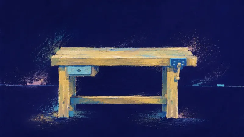 An abstract workbench restored to steady order, symbolizing collaboration, usable drafts, and slowly