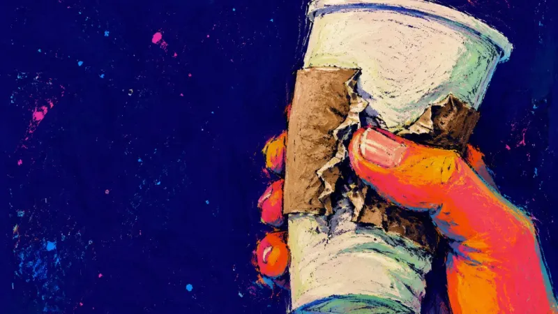A coffee cup gripped hard enough to split its sleeve seam, symbolizing the habit of staying easy in,