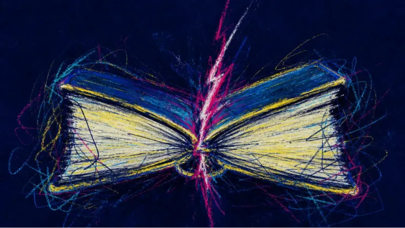 An abstract book bent inward and trapped in dense interference, expressing reading anxiety, avoida