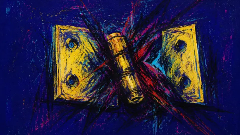 A distorted hinge bound by chaotic pressure, representing boundary guilt and the strain of delaying