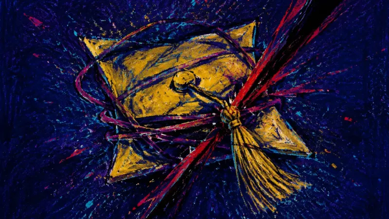 A graduation cap crushed and tangled into a trapped form, symbolizing degree-based career paralysis