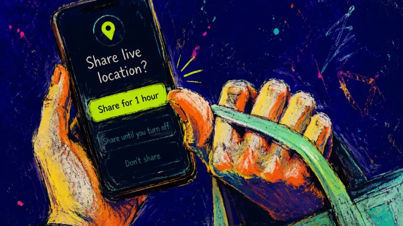 One-Hour Toll A phone paused on a live-location request while tense fingers drag a tote strap tight, reflecting a