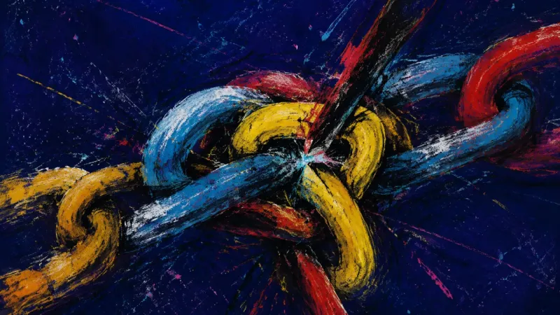 Choked Links An abstract chain twisted into a choking knot, expressing privacy pressure, suspicion, and the