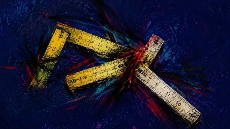 A segmented ruler buckled into a trapped zigzag, representing guilt, over-explaining, and pressure