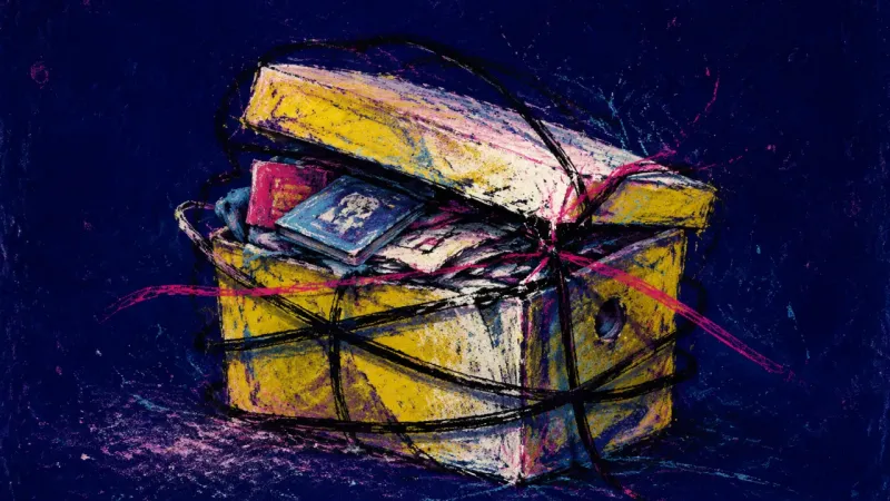 A shoebox bulges and distorts under crammed keepsakes, showing guilt-heavy clutter, pressure, and th