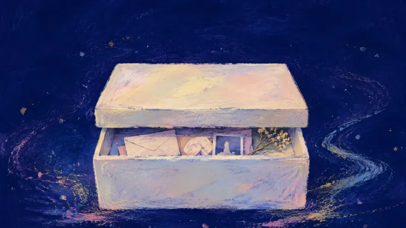 A single shoebox holds a few chosen keepsakes within clean limits, showing memory with boundaries,