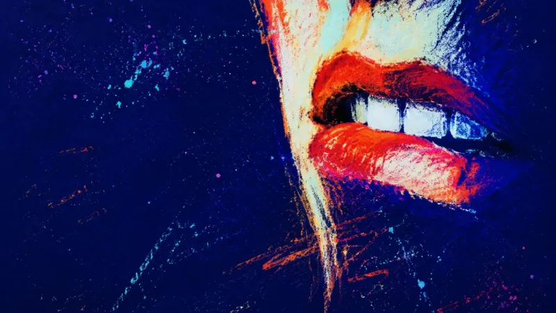 An abstract mouth catching the lower lip between the teeth, symbolizing the reflex to hide a sincere