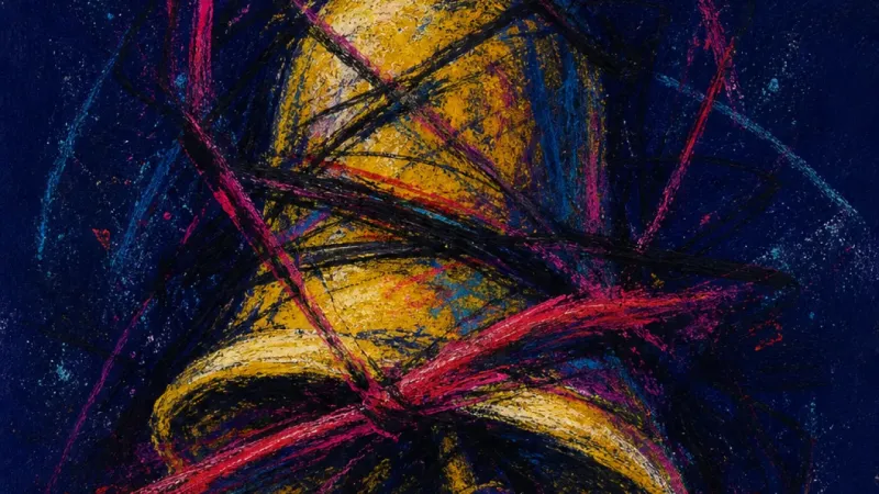 An abstract bell pinched closed and tangled in chaotic marks, representing irony used to hide ambiti