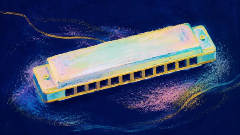 An abstract representation of honest repair, where a restored harmonica regains open channels, calm,