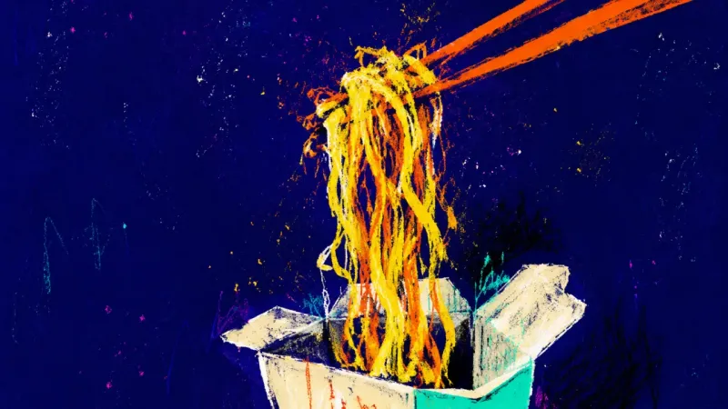 A bundle of takeout noodles pinched into a tight hanging knot above the carton, symbolizing dating‑a