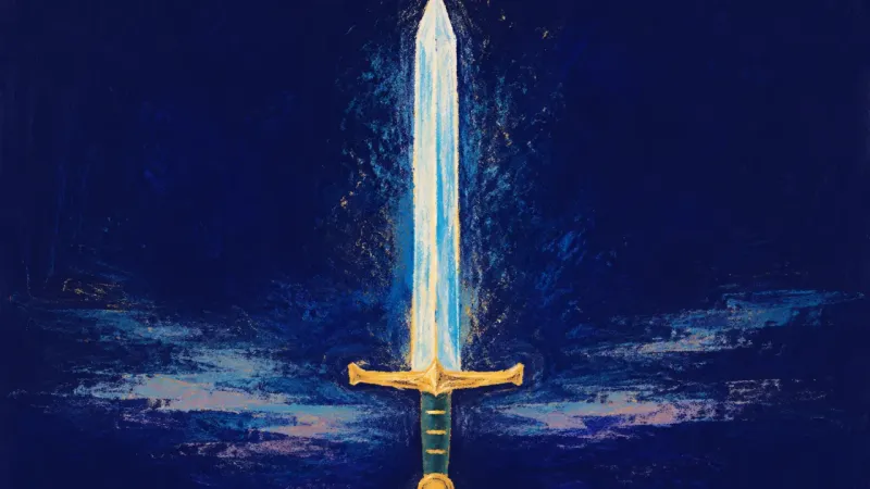 A sword restored to a clean straight form, representing calm leadership language grounded in clear,