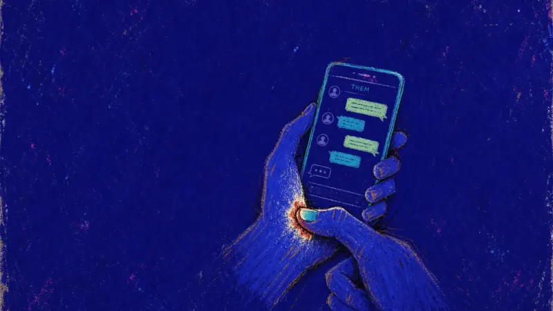 The Unsent Reflex A thumbnail digs into an index finger while the other hand holds an open chat, conveying guilt and a