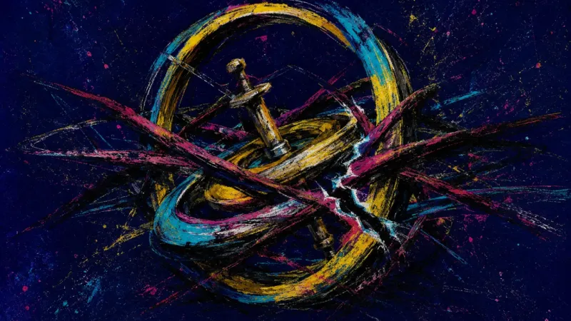 Stalled Axis A gyroscope twisted into disorder, representing career decision paralysis, looping comparison, and