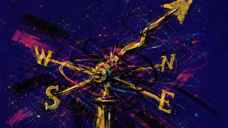 Broken Bearing A distorted weathervane entangled in frantic lines, representing career paralysis under layoff ru