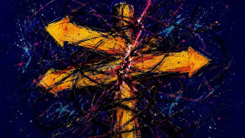 Crossed Bearings A warped signpost tangled in chaotic marks, representing decision paralysis and pressure to make on