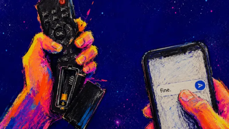 The Cost of Easy A hand crushes a TV remote while a thumb freezes above an unsent reply, symbolizing guilt around a