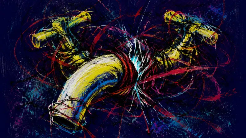 Throttled Flow An abstract faucet twisted and constricted by chaotic pressure, representing guilt, avoidance, and