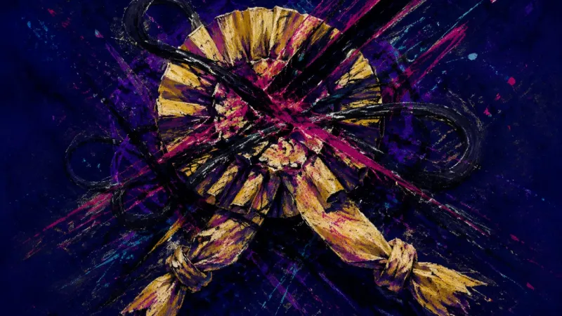 Rosette on Trial A rosette crushed into knots and pressure lines, representing shame, overperformance, and the loss o