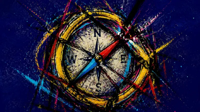 Split Bearing A distorted compass tangled in crossing marks, representing choice paralysis and pressure around a
