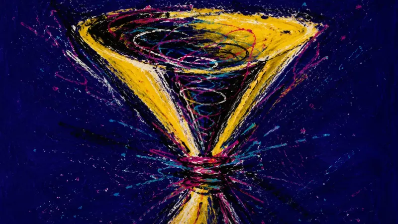 A distorted funnel bound by looping marks, representing evasive communication and the strain of chas