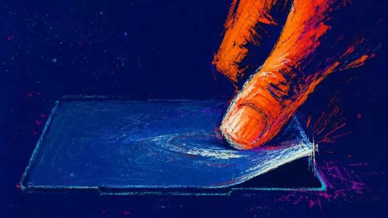 Loop Before Send A thumb wearing down a laptop trackpad corner, symbolizing offer-deadline paralysis and compulsive,