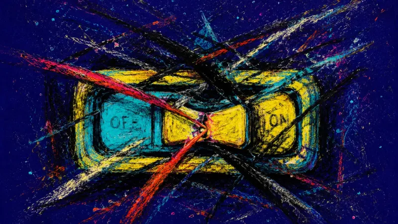 Mid-Click Gridlock An abstract visual of career choice paralysis, where pressure and endless comparison jam the act of