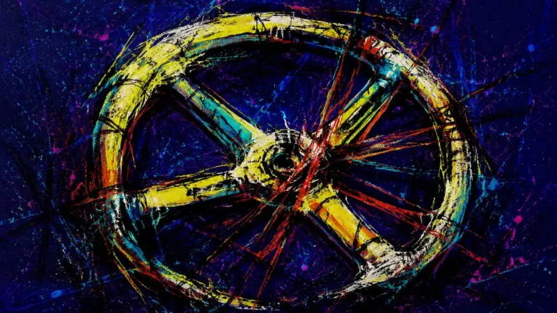 A distorted steering wheel tangled in chaotic crossings, representing choice paralysis and the.