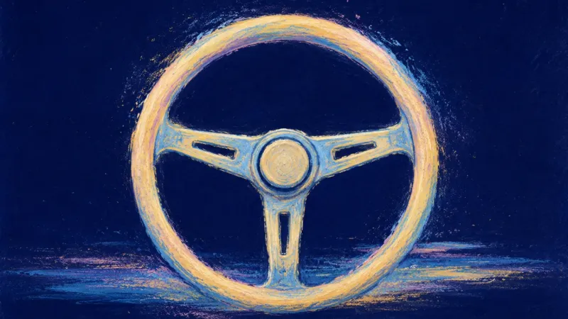 A restored steering wheel in balanced alignment, symbolizing a clear decision, practical planning,.