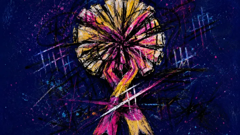 Crushed Applause A distorted rosette tangled in harsh marks, representing self-worth collapse under milestone compa