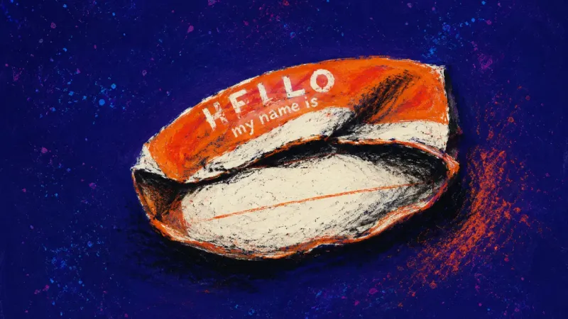 A name tag folded over its own blank line, hinting at a close connection that stays warm but never e