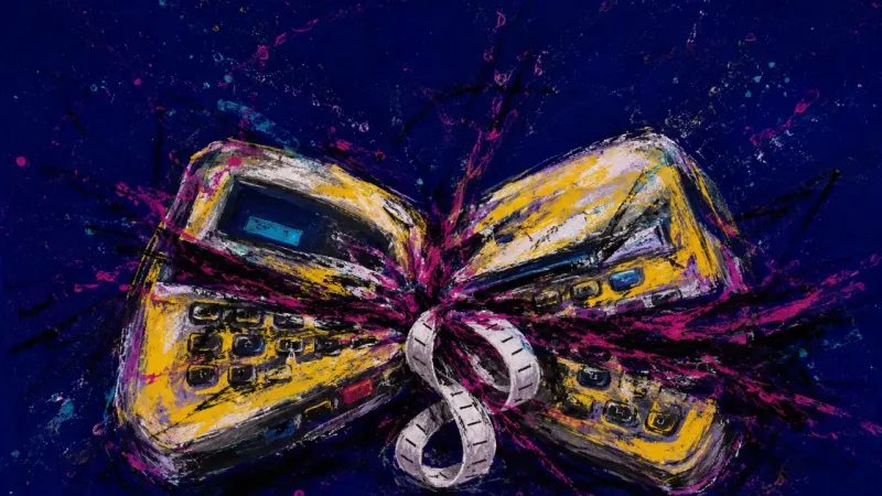 An abstract label maker jammed by looping strips and chaotic marks, expressing dating ambiguity, sel