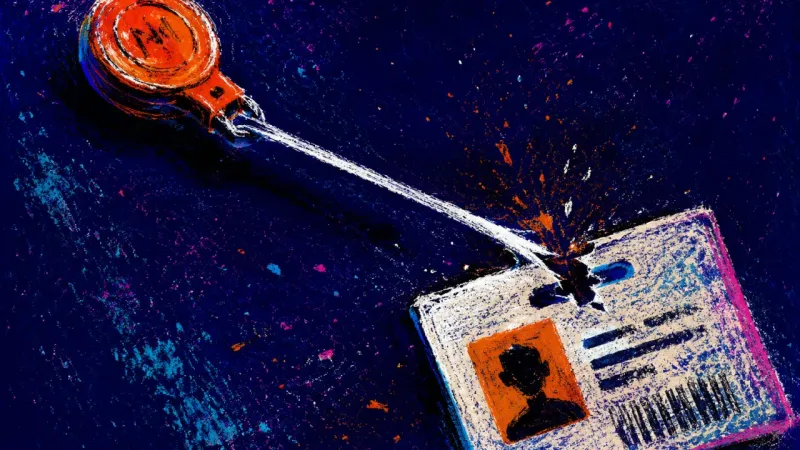 Identity on Recall A work badge pulled to the end of its reel until the slot tears, expressing career identity anxiety.