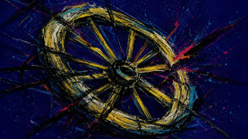 Jammed Cycle A warped wheel tangled in violent marks, representing reactive career cycling, split attention, and