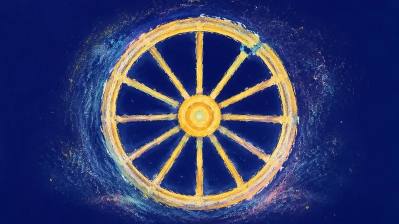 Even Turning A balanced wheel with even spokes and clear order, representing self-trust, measured growth, and a m