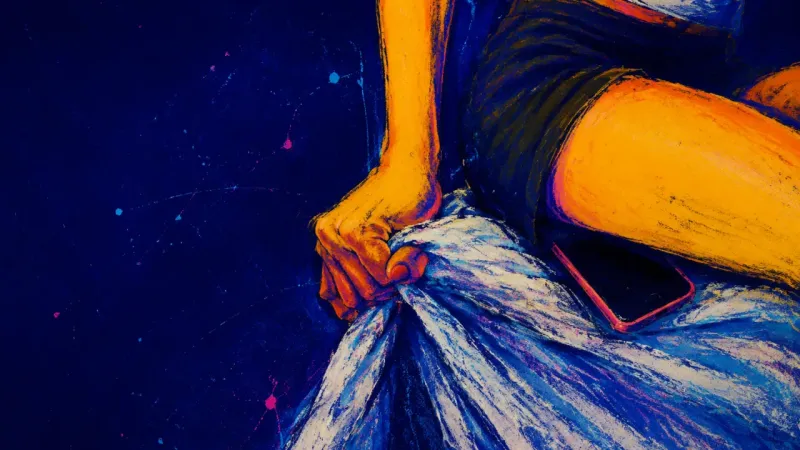 A cropped figure pins a phone under one thigh while the other hand twists a bedsheet into a rope, ev