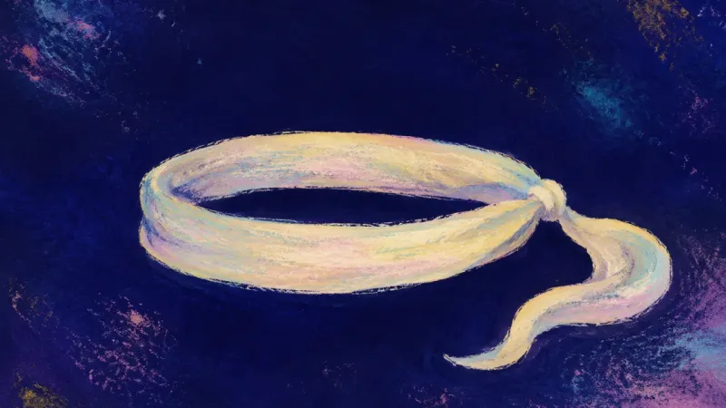 A blindfold released into a smooth open band suggests a clean dating boundary, calmer judgment, andg