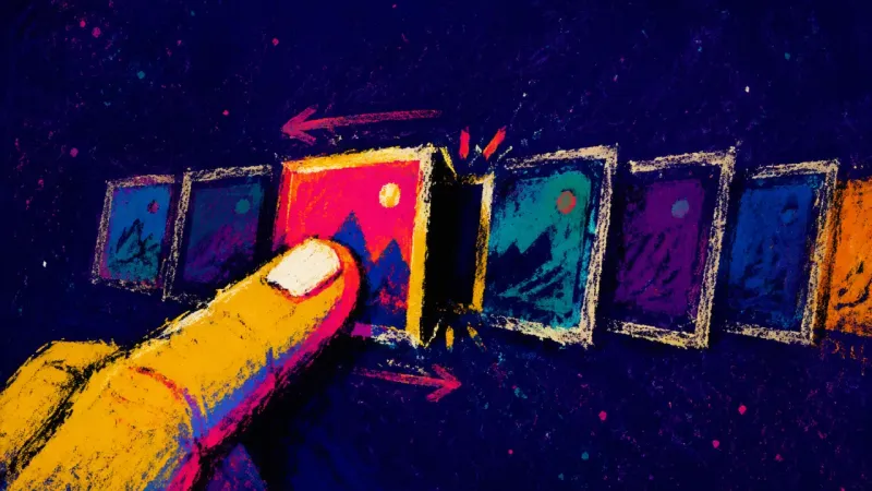 Almost in Place A fingertip repeatedly drags the same portfolio thumbnail out of line and back again, symbolizing a