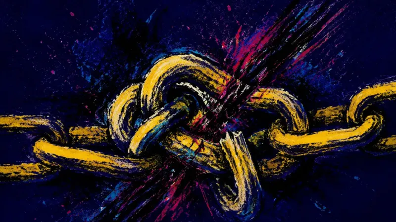 Choked Links An abstract chain knotted into itself, representing perfectionism, fear of judgment, and the stalled