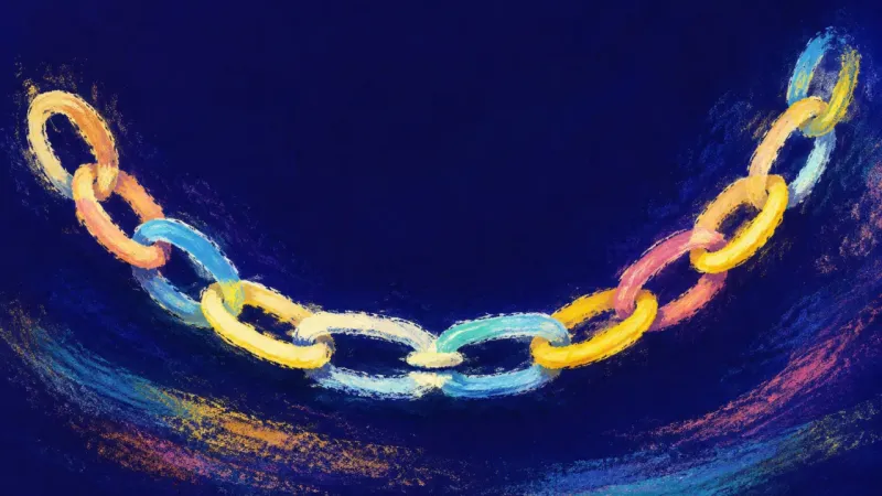 Open Links An abstract chain released into an open, balanced curve, representing self-trust, measured iteration