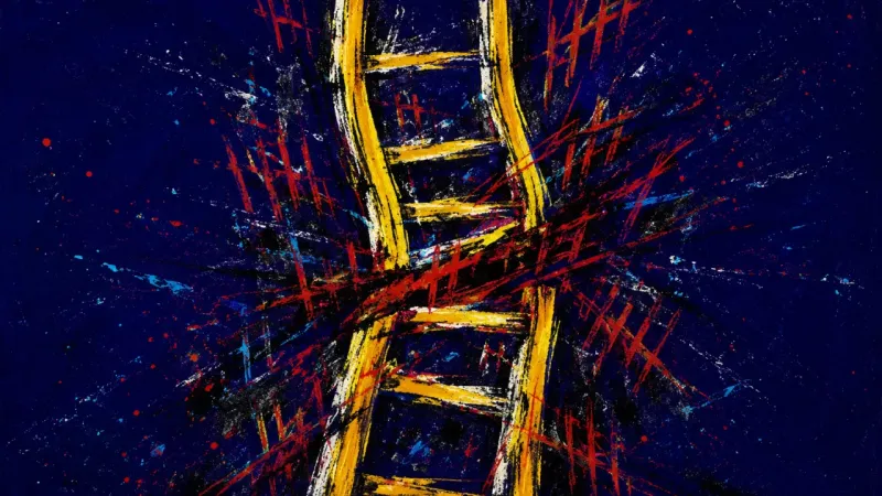 Bent Ascent A warped ladder trapped in chaotic marks, representing compulsive grade checking and self-worth c