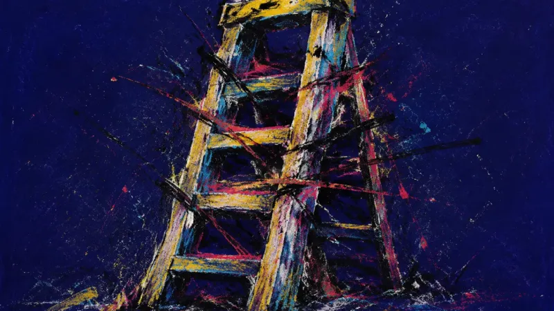A distorted stepladder gripped by chaotic marks, representing comparison-driven self-doubt and the l
