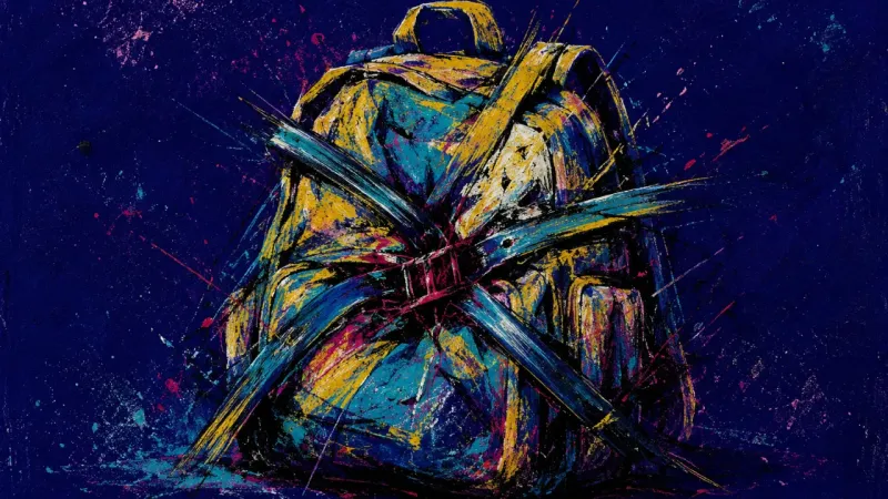 A distorted backpack crushed by tangled restraints, representing burnout and overgiving after a par