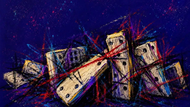 Cascade of Doubt Dominoes collapsing into a jammed chain, representing fear-driven overreading in love and the pressu