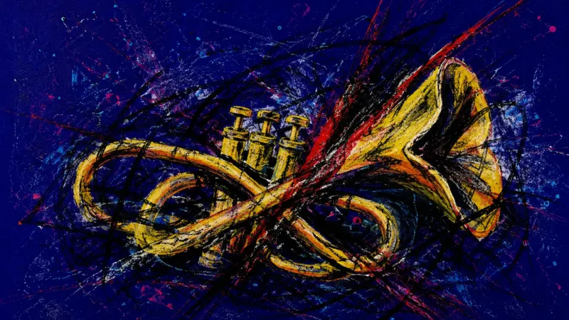 A twisted trumpet choked by crossing pressure lines, expressing academic shame, overthinking, and f