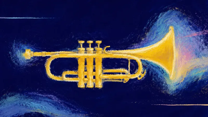 An open trumpet with restored lines, expressing a voice rebuilt through small risks, clearer speech,
